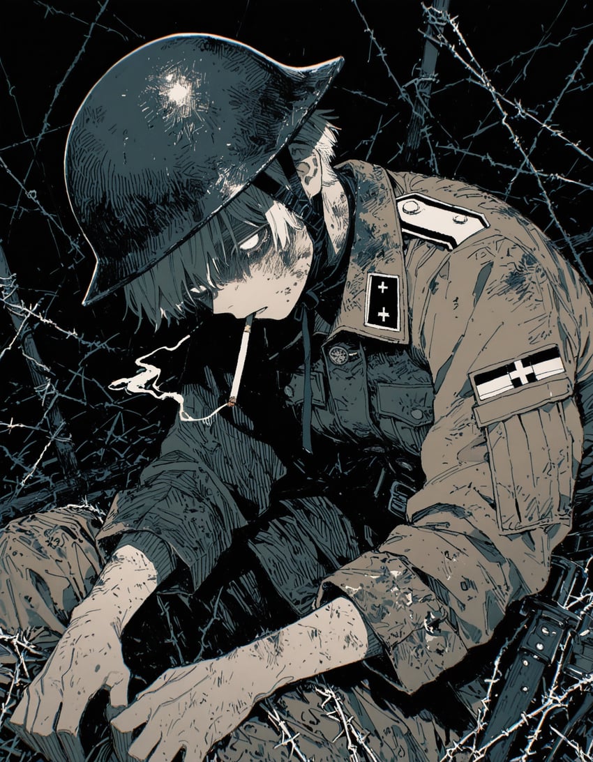 1boy, barbed_wire, cigarette, combat_helmet, cross, dirty, dirty_clothes, dirty_face