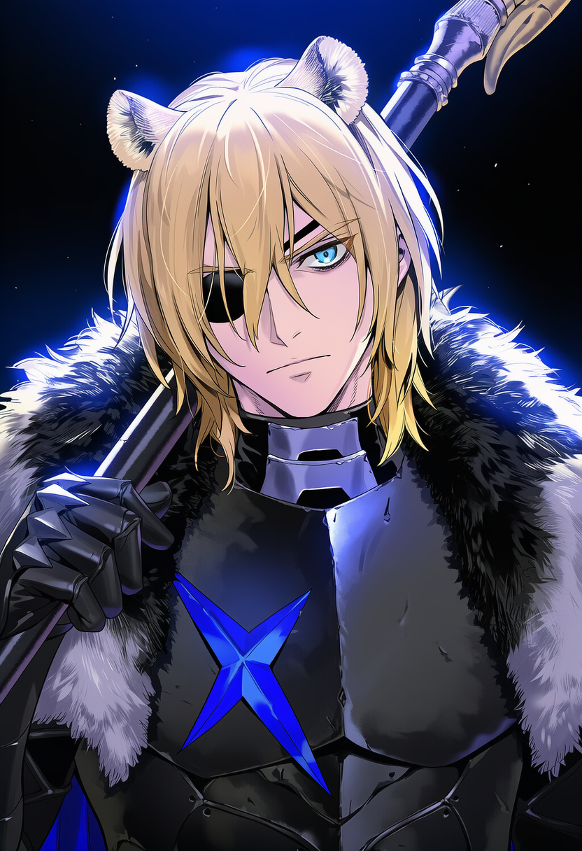 1boy, animal_ears, apprenticedomini, areadbhar_(fire_emblem), armor, bangs, black_armor, black_background, blonde_hair, blue_eyes, breastplate, cape, closed_mouth, dark_background, dimitri_alexandre_blaiddyd, dimitri_alexandre_blaiddyd_(blue_lion), dimitri_alexandre_blaiddyd_(timeskip), eyebrows_visible_through_hair, eyepatch, fire_emblem, fire_emblem:_three_houses, fire_emblem_shadows, fur-trimmed_cape, fur_trim, gauntlets, hair_between_eyes, holding, holding_polearm, holding_weapon, lion_boy, lion_ears, looking_at_viewer, male_focus, non-web_source, novelai, over_shoulder, polearm, portrait, self-upload, simple_background, solo, upper_body, vambraces, weapon, weapon_over_shoulder