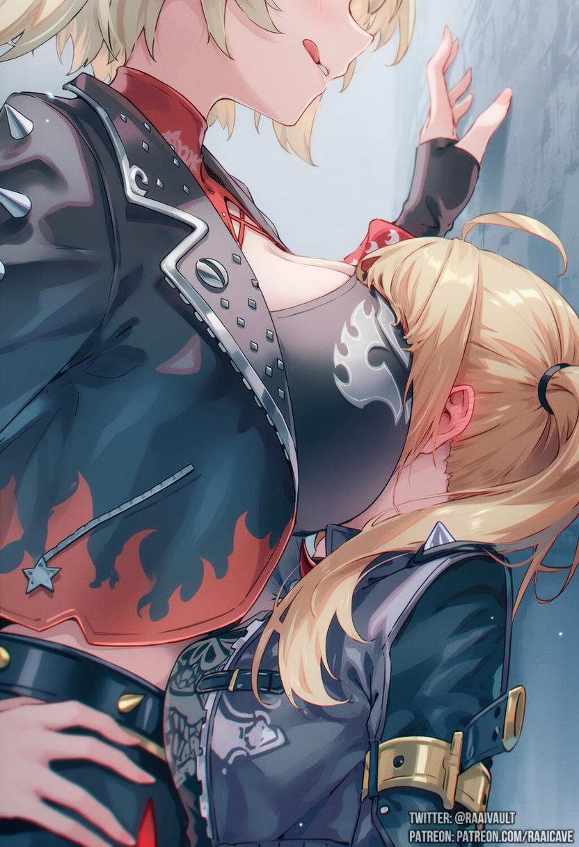 2girls, :q, against_wall, ahoge, artist_name, belt, between_breasts, black_jacket