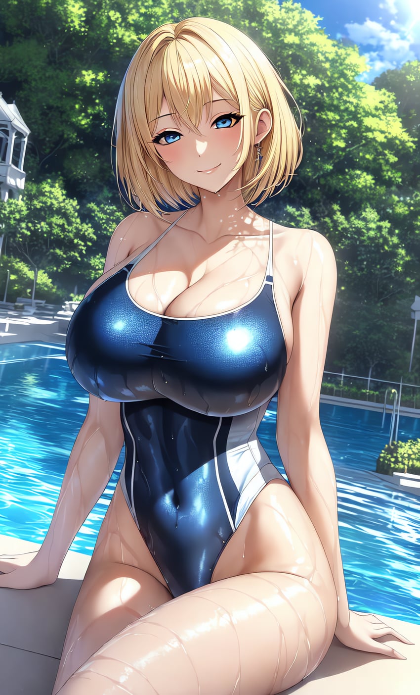 1girl, absurdres, ailovehigokko, blonde_hair, blue_eyes, blue_sky, breasts, cleavage