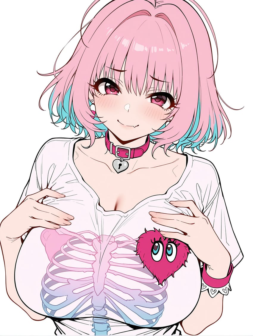 1girl, 3dot., aqua_hair, bangs, belt, belt_collar, blush, breasts