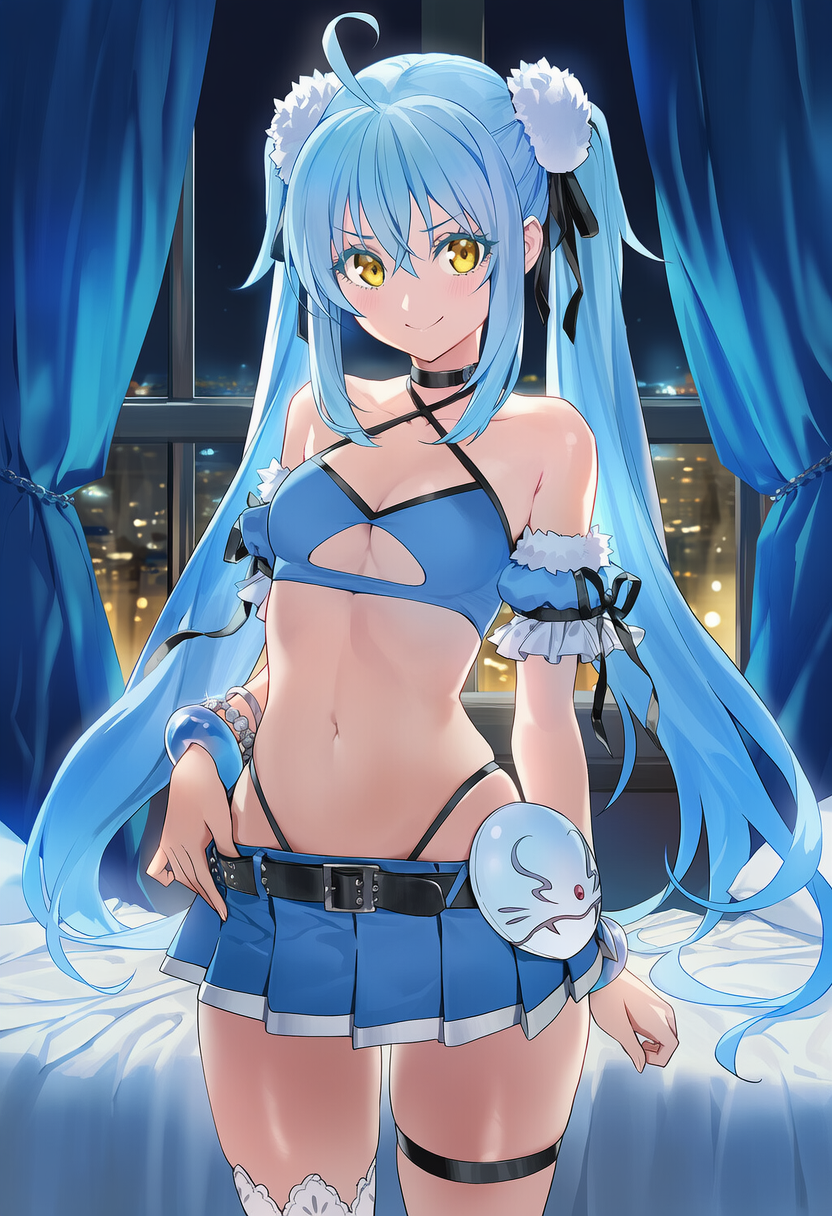 1girl, ahoge, apprenticedomini, asymmetrical_legwear, bangs, bare_shoulders, bed, bed_sheet, bedroom, black_choker, black_panties, black_ribbon, blue_hair, blue_skirt, blush, breasts, character_reference_(novelai), choker, city, city_lights, cleavage, cleavage_cutout, closed_mouth, clothing_cutout, collarbone, crop_top, curtains, enigma_of_sephia, frilled_sleeves, frills, fur_trim, genderswap, genderswap_(otf), hair_between_eyes, hair_ornament, hair_ribbon, hand_on_own_hip, high-waist_panties, img2img, indoors, inpainted, long_hair, looking_at_viewer, mask, mask_on_belt, navel, night, night_sky, non-web_source, novelai, panties, pillow, pom_pom_(clothes), pom_pom_hair_ornament, puffy_short_sleeves, puffy_sleeves, ribbon, rimuru_tempest, self-upload, short_sleeves, sidelocks, single_thighhigh, skindentation, skirt, sky, smile, solo, standing, tensei_shitara_slime_datta_ken, thigh_strap, thighhighs, thighs, underwear, unworn_mask, very_long_hair, white_thighhighs, window, yellow_eyes