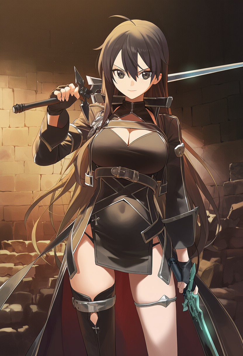 1girl, ahoge, apprenticedomini, belt, belt_buckle, black_belt, black_coat, black_eyes, black_hair, black_panties, black_skirt, black_thighhighs, blush, breasts, buckle, character_reference_(novelai), chest_belt, cleavage, cleavage_cutout, clothing_cutout, coat, covered_navel, dual_wielding, dungeon, enigma_of_sephia, genderswap, genderswap_(mtf), hair_between_eyes, holding, holding_sword, holding_weapon, img2img, indoors, kirito, kirito_(sao-ggo), large_breasts, long_hair, miniskirt, non-web_source, novelai, panties, panty_peek, rubble, ruins, self-upload, shirt, side_slit, single_thighhigh, skirt, solo, stairs, sword, sword_art_online, thighhighs, thighlet, thighs, tile_floor, tile_wall, tiles, underwear, weapon