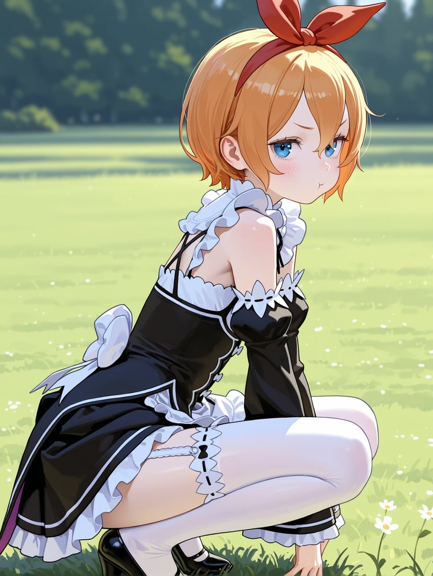 1girl, :t, back_bow, bare_shoulders, black_bow, black_dress, black_footwear, black_sleeves, blue_eyes, blush, bow, commentary, day, detached_sleeves, dress, english_commentary, frilled_dress, frills, full_body, garter_straps, hair_between_eyes, hairband, high_heels, highres, konny, looking_at_viewer, maid, meadow, mixed-language_commentary, orange_hair, outdoors, petra_leyte, pout, re:zero_kara_hajimeru_isekai_seikatsu, red_hairband, roswaal_mansion_maid_uniform, short_hair, solo, squatting, thighhighs, turning_head, white_bow, white_garter_straps, white_thighhighs, zettai_ryouiki