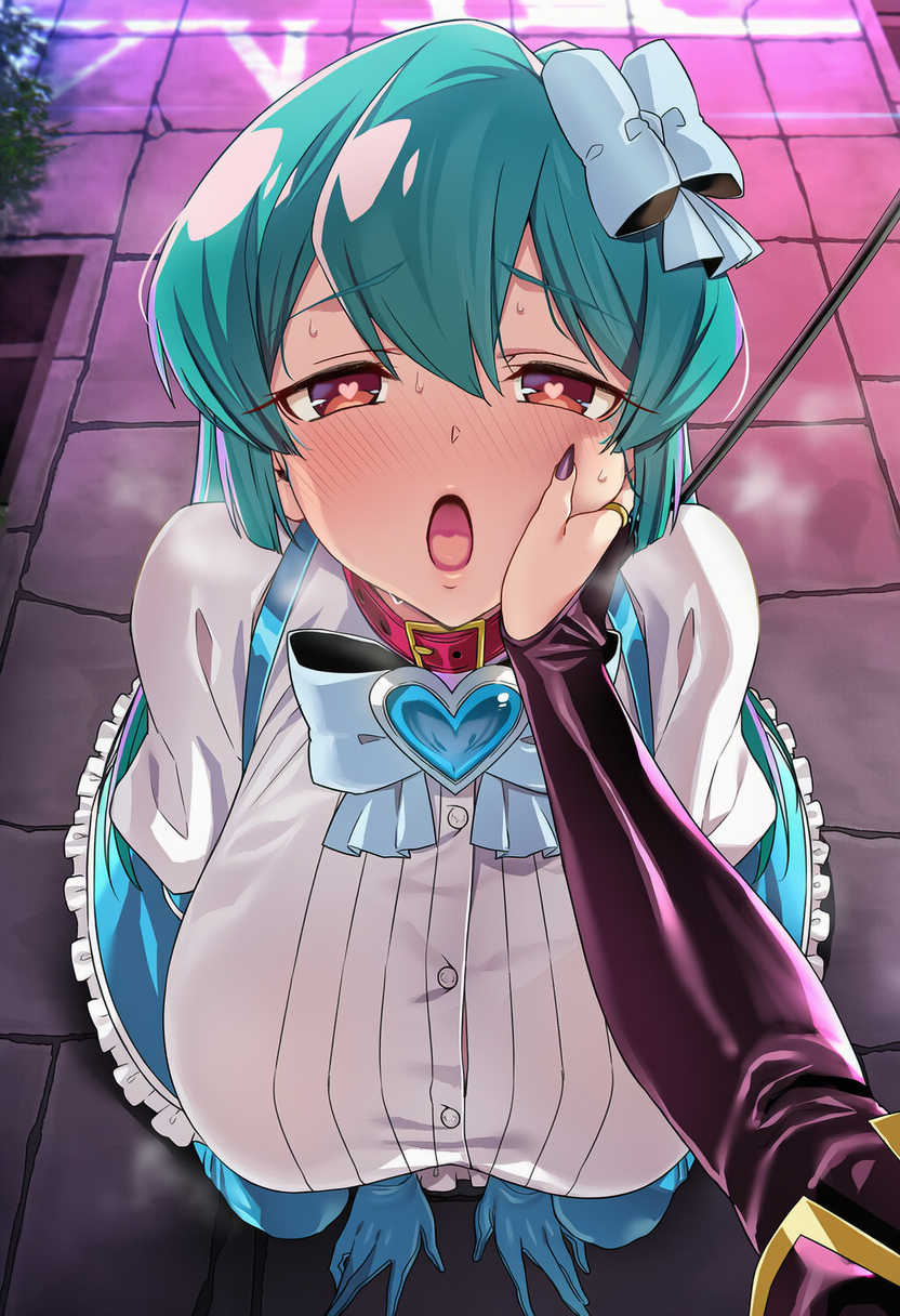 1girl, 1other, all_fours, animal_collar, anonymous_(japanese), aqua_hair, bangs, bdsm