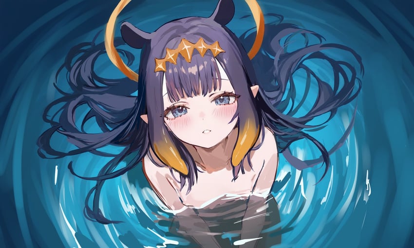 1girl, black_hair, blue_eyes, blush, breasts, commentary, completely_nude, english_commentary