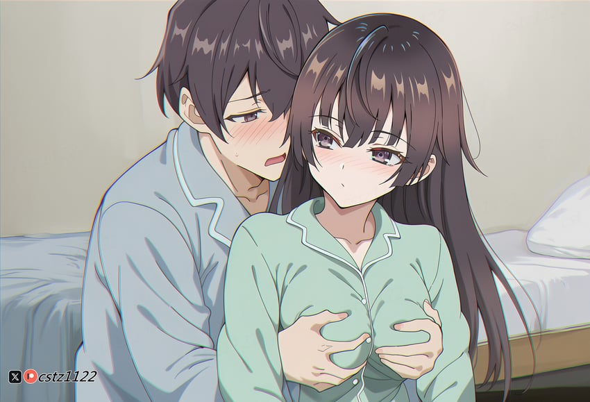 1boy, 1girl, bangs, bed, bed_sheet, bedroom, blue_shirt, blush