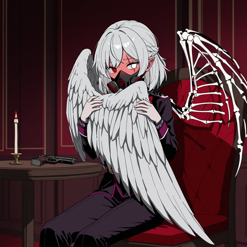 1girl, alternate_costume, angel_wings, black_jacket, black_pants, blush, braid, candle