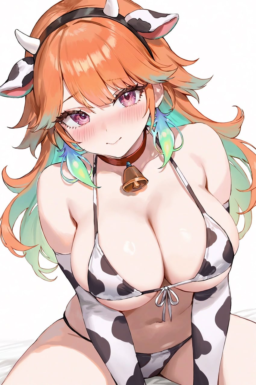 1girl, alternate_costume, animal_ear_hairband, animal_ears, animal_print, bell, bikini, blush