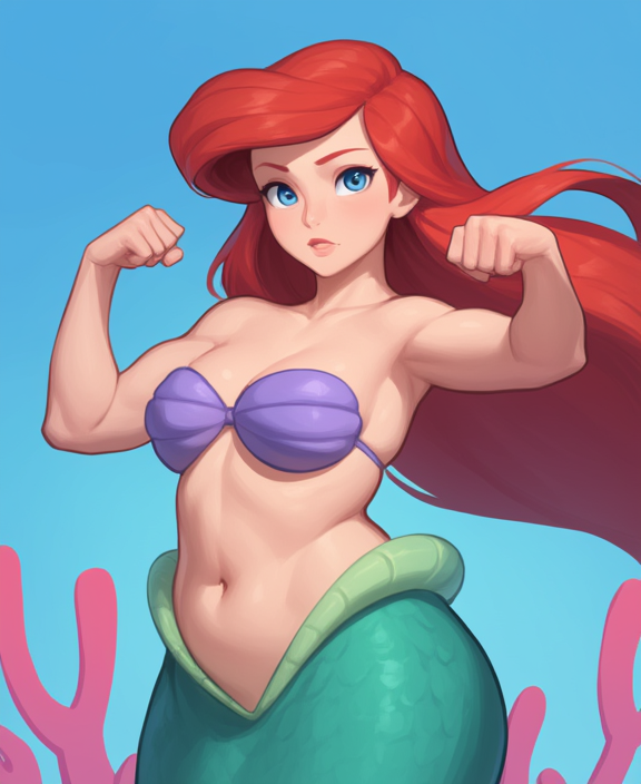 1girl, ariel_(disney), bangs, blue_eyes, bra, breasts, cleavage, collarbone