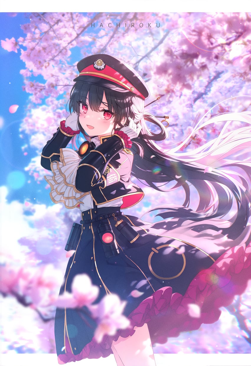 1girl, black_hair, cherry_blossoms, day, gloves, hachiroku_(maitetsu), hat, highres