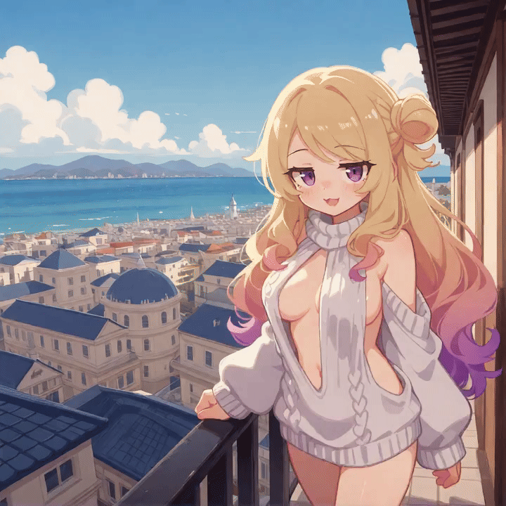 1girl, animated, animated_gif, bangs, blonde_hair, blue_sky, bouncing_breasts, breasts
