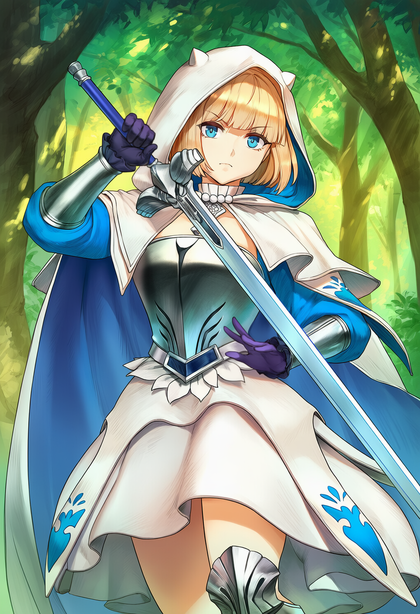 1girl, >:(, apprenticedomini, armor, armored_dress, blonde_hair, blue_eyes, blue_sleeves