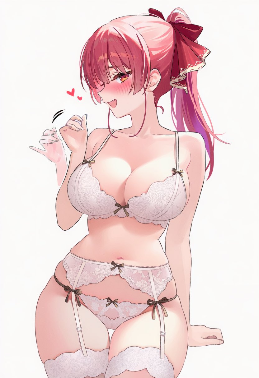 1girl, afterimage, blush, bow, bra, breasts, cleavage, come_hither