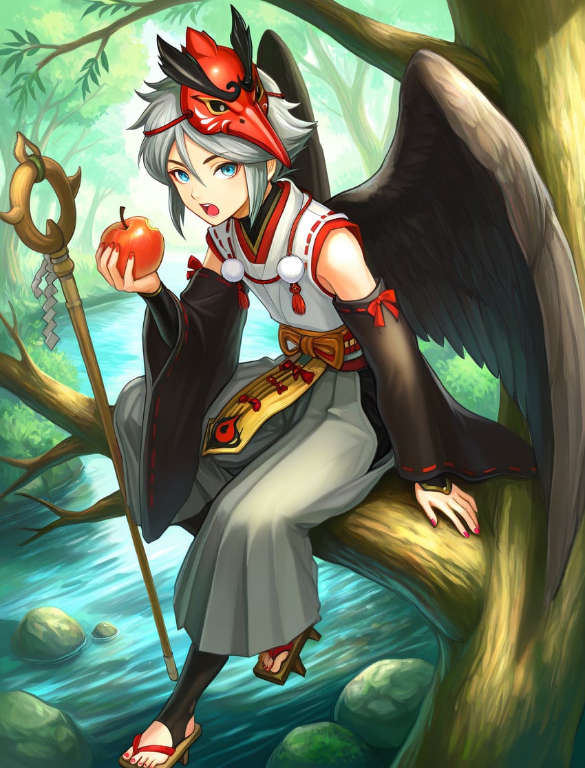 1boy, absurdres, apple, black_sleeves, black_wings, blue_eyes, bridal_gauntlets, detached_sleeves