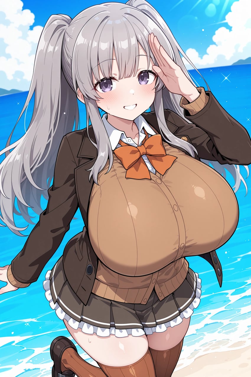 1girl, alternate_breast_size_(larger), anikawaxl, anonymous_(japanese), beach, blue_sky, blush, bow