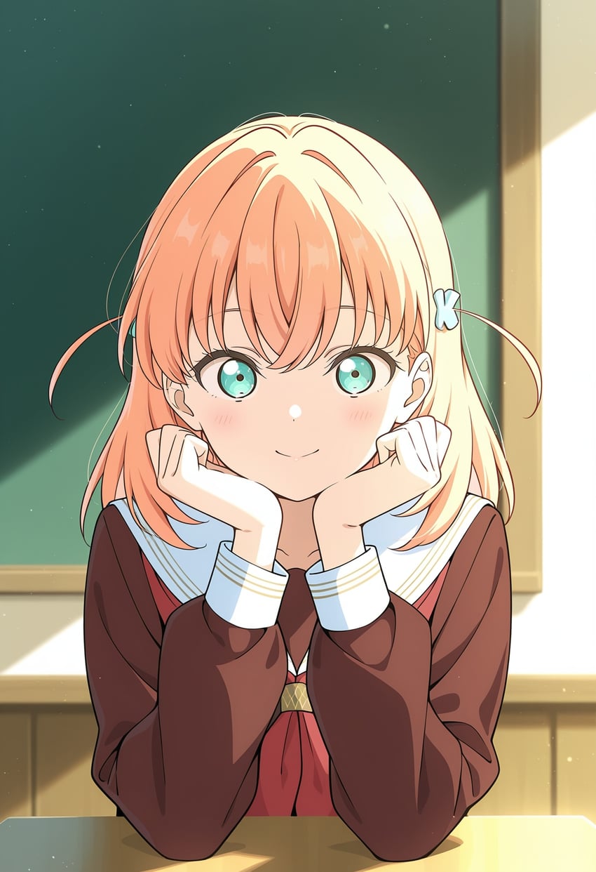 1girl, aqua_eyes, bangs, blush, brown_dress, closed_mouth, dress, hair_ornament