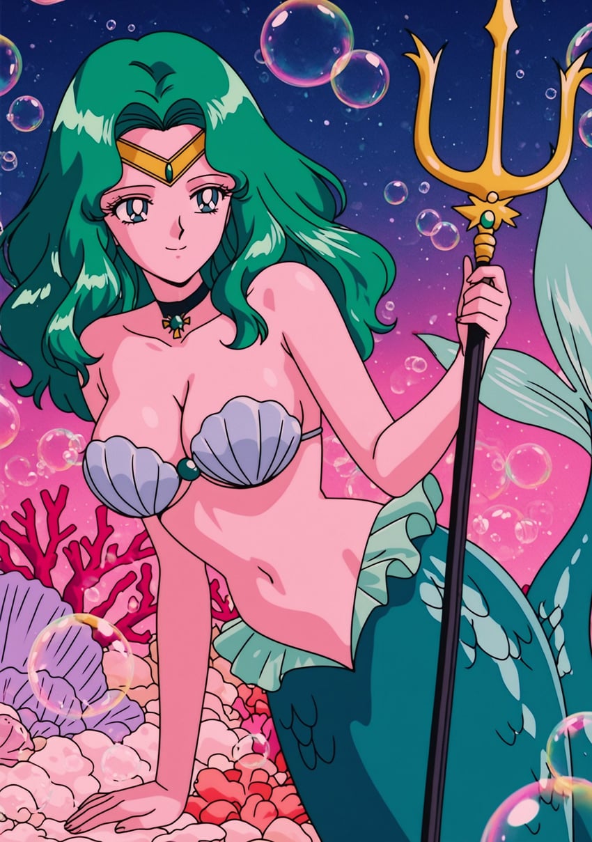 1990s_(style), 1girl, ai_retro_monger, air_bubble, aqua_eyes, aqua_gemstone, aqua_hair, bikini