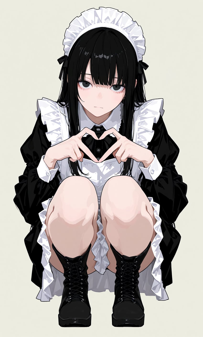 1girl, 4-finger_heart_hands, absurdres, apron, bad_id, bad_twitter_id, black_dress, black_eyes