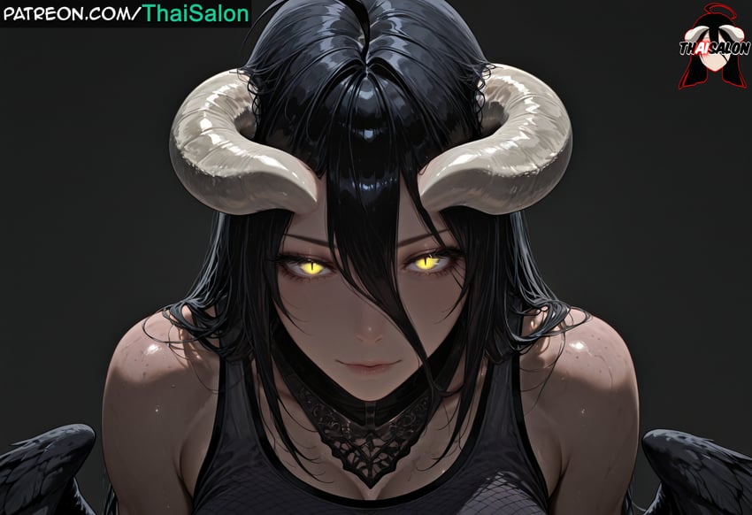 1girl, albedo_(overlord), bad_source, bangs, bare_shoulders, black_hair, black_wings, breasts, demon_girl, demon_horns, feathered_wings, glowing, glowing_eyes, hair_between_eyes, highres, horns, large_breasts, lips, looking_at_viewer, metadata_request, model_request, oily_skin, overlord_(maruyama), patreon_username, self-upload, simple_background, solo, sweat, sweaty, thaisalon, upper_body, watermark, web_address, wings, yellow_eyes