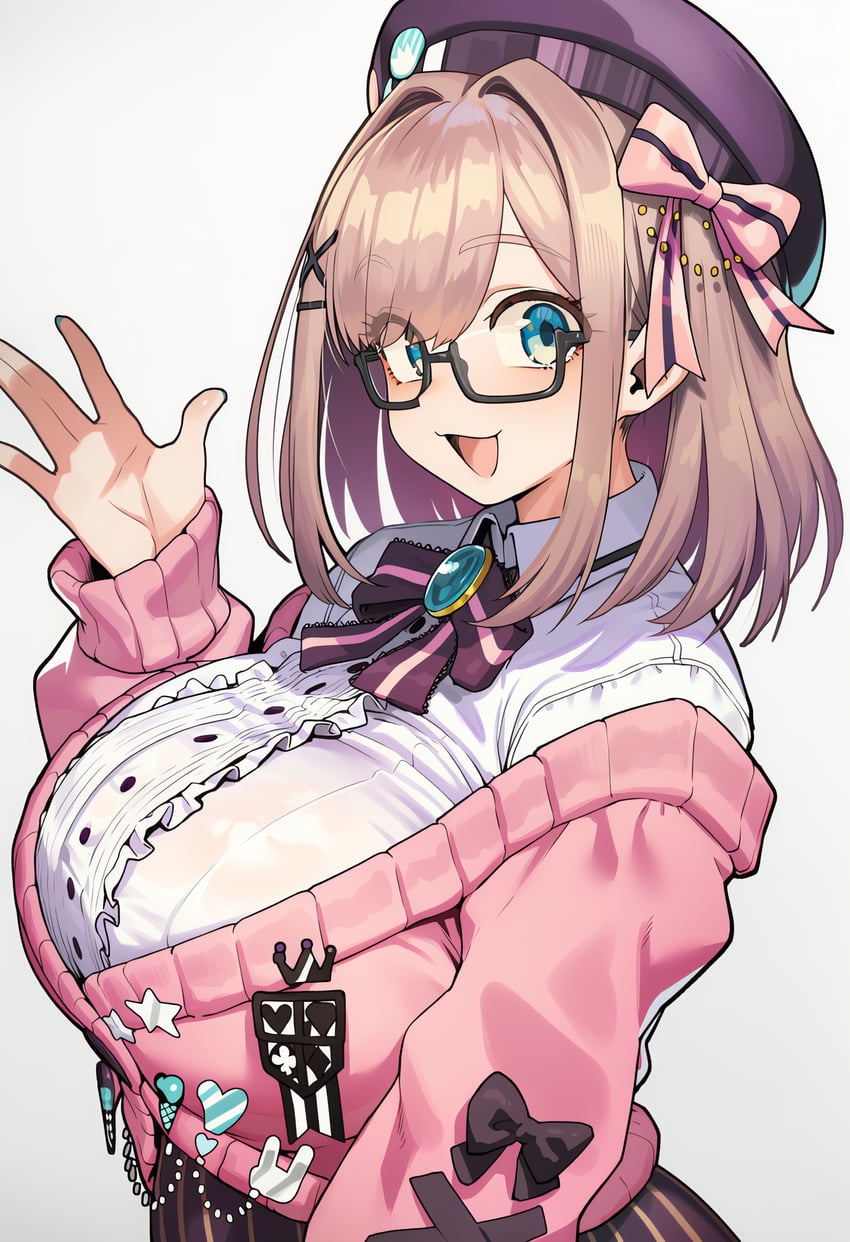 1girl, absurdres, aqua_eyes, aqua_gemstone, aqua_nails, bangs, beret, black-framed_eyewear