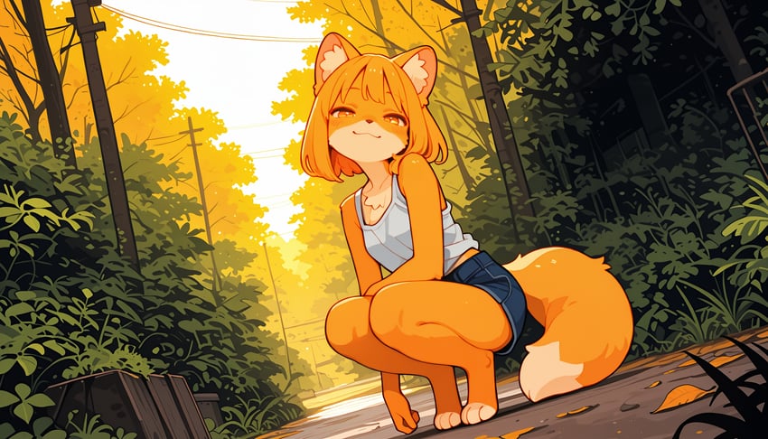 1girl, :3, absurdres, animal_ear_fluff, animal_ears, animal_feet, animal_nose, bare_shoulders, barefoot, blue_shorts, body_fur, breasts, bush, closed_mouth, day, denim, denim_shorts, dutch_angle, fox_ears, fox_girl, fox_tail, full_body, furry, furry_female, half-closed_eyes, highres, leaf, ll, looking_at_viewer, metadata_request, model_request, non-web_source, orange_eyes, orange_fur, orange_hair, original, outdoors, partial_metadata, power_lines, shirt, short_hair, short_shorts, shorts, sleeveless, sleeveless_shirt, small_breasts, smile, solo, squatting, tail, tank_top, tree, two-tone_fur, utility_pole, white_shirt