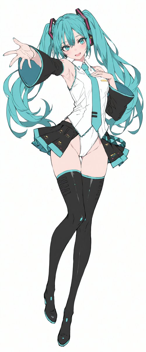 1girl, aqua_eyes, aqua_hair, aqua_nails, aqua_necktie, bare_shoulders, black_sleeves, covered_navel
