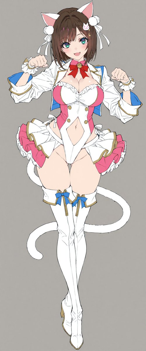 1girl, animal_ears, blush, boots, breasts, brown_hair, cat_ears, full_body