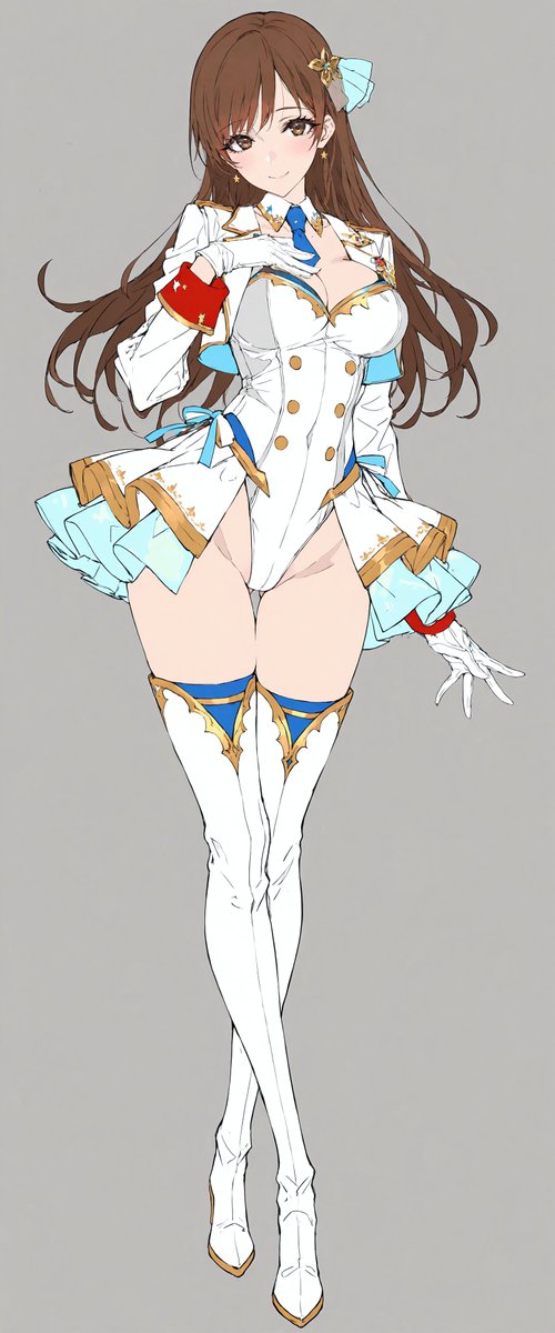 1girl, blush, boots, breasts, brown_eyes, brown_hair, cleavage, covered_navel