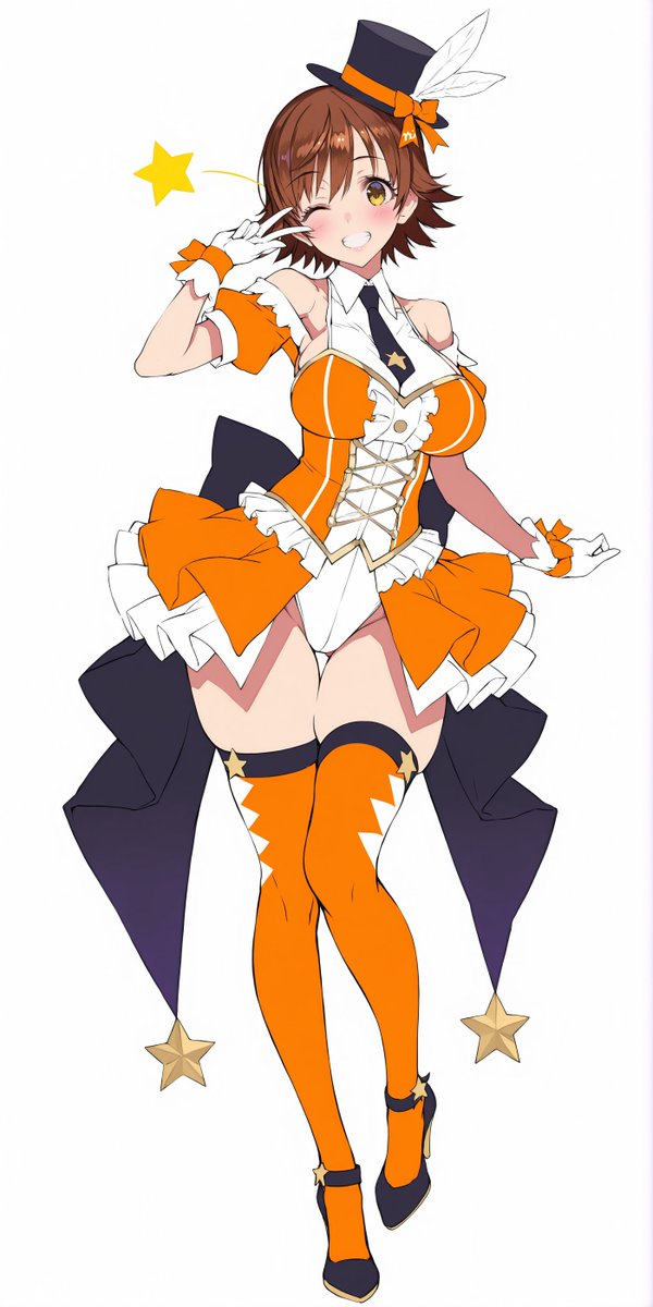 1girl, black_headwear, blush, breasts, brown_eyes, brown_hair, full_body, gloves