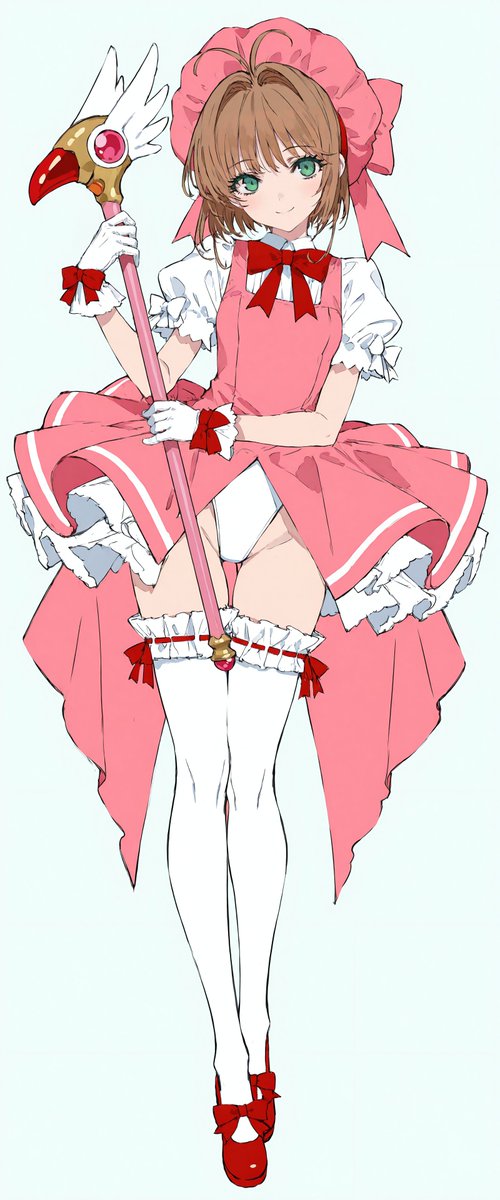 1girl, antenna_hair, blush, breasts, brown_hair, cardcaptor_sakura, full_body, gloves, green_eyes, groin, highleg, highleg_leotard, holding, holding_wand, kaka_ozisan, kinomoto_sakura, leotard, looking_at_viewer, magical_girl, short_hair, showgirl_skirt, simple_background, skirt, smile, socks, solo, standing, thighhighs, thighs, wand, white_gloves, white_leotard, white_socks