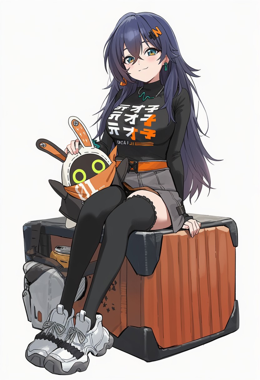 1girl, alternate_hair_length, alternate_hairstyle, bangboo_(zenless_zone_zero), bangs, belle_(zenless_zone_zero), belt, black_shirt