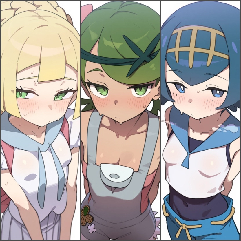 3girls, black_hair, blonde_hair, blue_eyes, blue_swimsuit, blush, breasts, cleavage, column_lineup, covered_navel, flower, freckles, green_eyes, grey_hair, grey_overalls, hair_flower, hair_ornament, hairband, lana_(pokemon), lillie_(pokemon), mallow_(pokemon), medium_breasts, multiple_girls, overalls, pink_shirt, pokemon, pokemon_(game), pokemon_sm, shirt, skirt, small_breasts, steam, sweat, unadonmaru, white_shirt, white_skirt