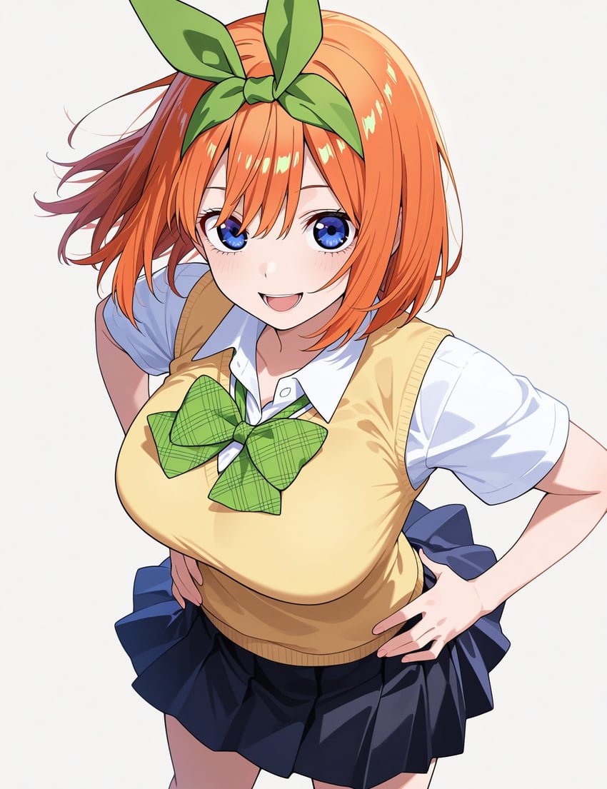 1girl, :d, bangs, base_aiart, black_skirt, blue_eyes, blush, bow