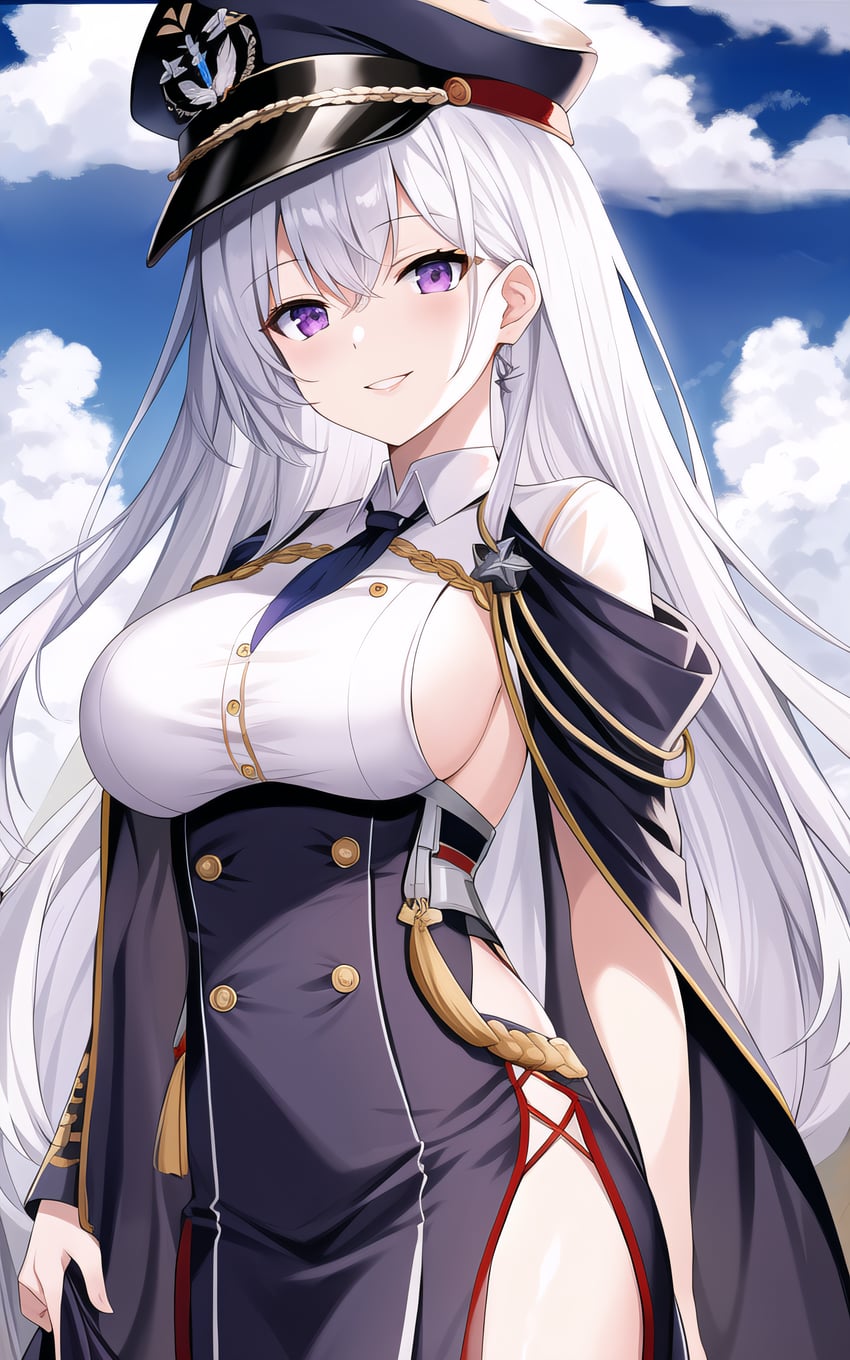 1girl, absurdres, azur_lane, blue_sky, breasts, buttons, cloud, commentary_request