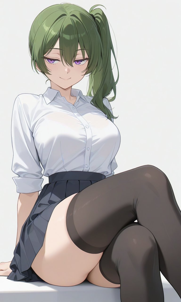 1girl, black_skirt, black_thighhighs, breasts, buttons, closed_mouth, collared_shirt, crossed_legs