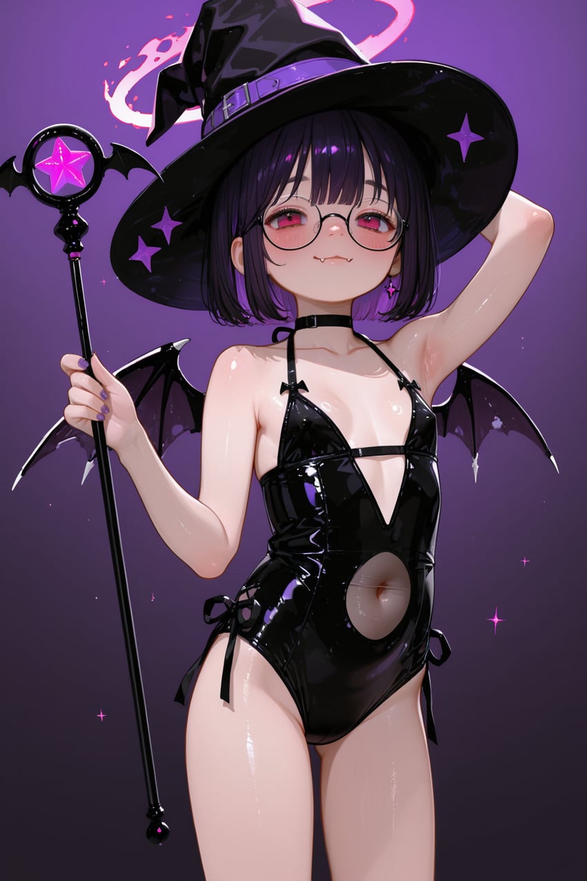 1girl, :3, arm_behind_head, arm_up, armpits, bare_arms, bare_shoulders, bat_wings