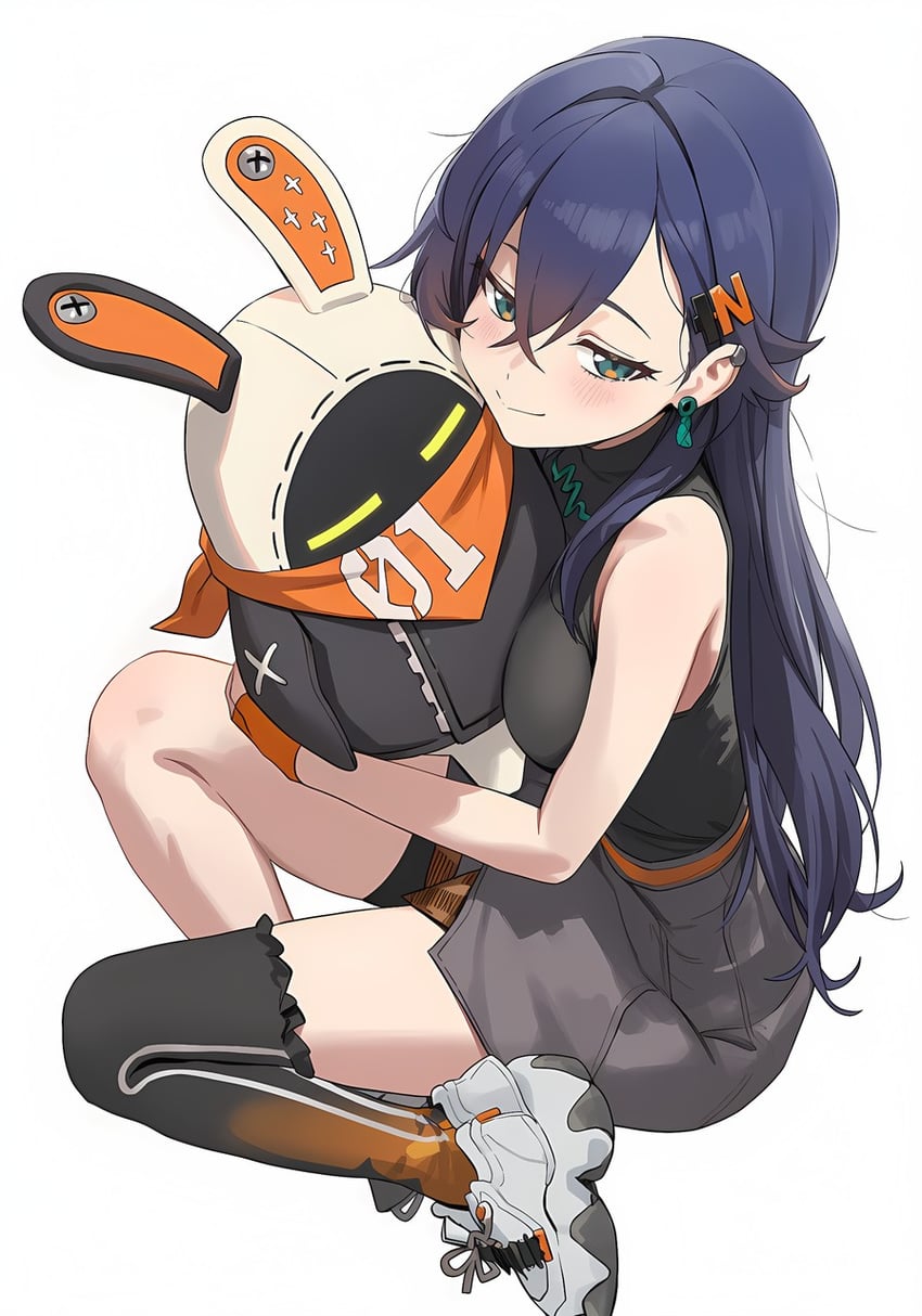 1girl, alternate_hair_length, alternate_hairstyle, asymmetrical_legwear, bangs, belle_(zenless_zone_zero), black_shirt, black_thighhighs