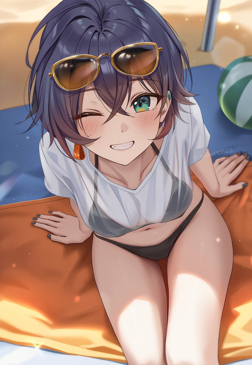 1girl, arm_support, ball, bangs, beach, beach_towel, beach_umbrella, beachball