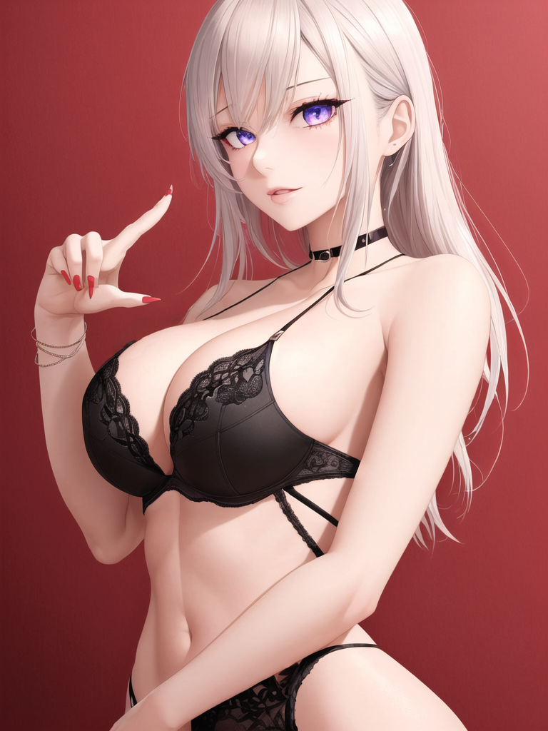 1girl, amagaeru, black_bra, black_panties, bra, breasts, choker, cleavage