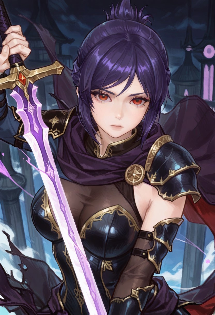 1girl, arm_armor, arm_up, armor, asymmetrical_sleeves, aura, black_armor, black_cape