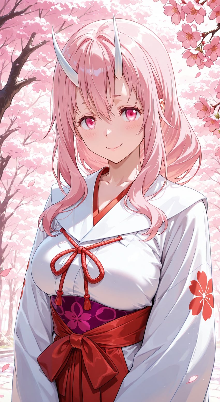 1girl, atori_ai137, blush, bow, breasts, cherry_blossoms, closed_mouth, floral_print, hair_between_eyes, highres, horns, japanese_clothes, kimono, long_hair, long_sleeves, oni, oni_horns, outdoors, pink_eyes, pink_hair, red_bow, red_sash, sash, shuna_(tensei_shitara_slime_datta_ken), sidelocks, simple_background, small_breasts, smile, solo, tensei_shitara_slime_datta_ken, very_long_hair, white_horns, white_kimono, wide_sleeves