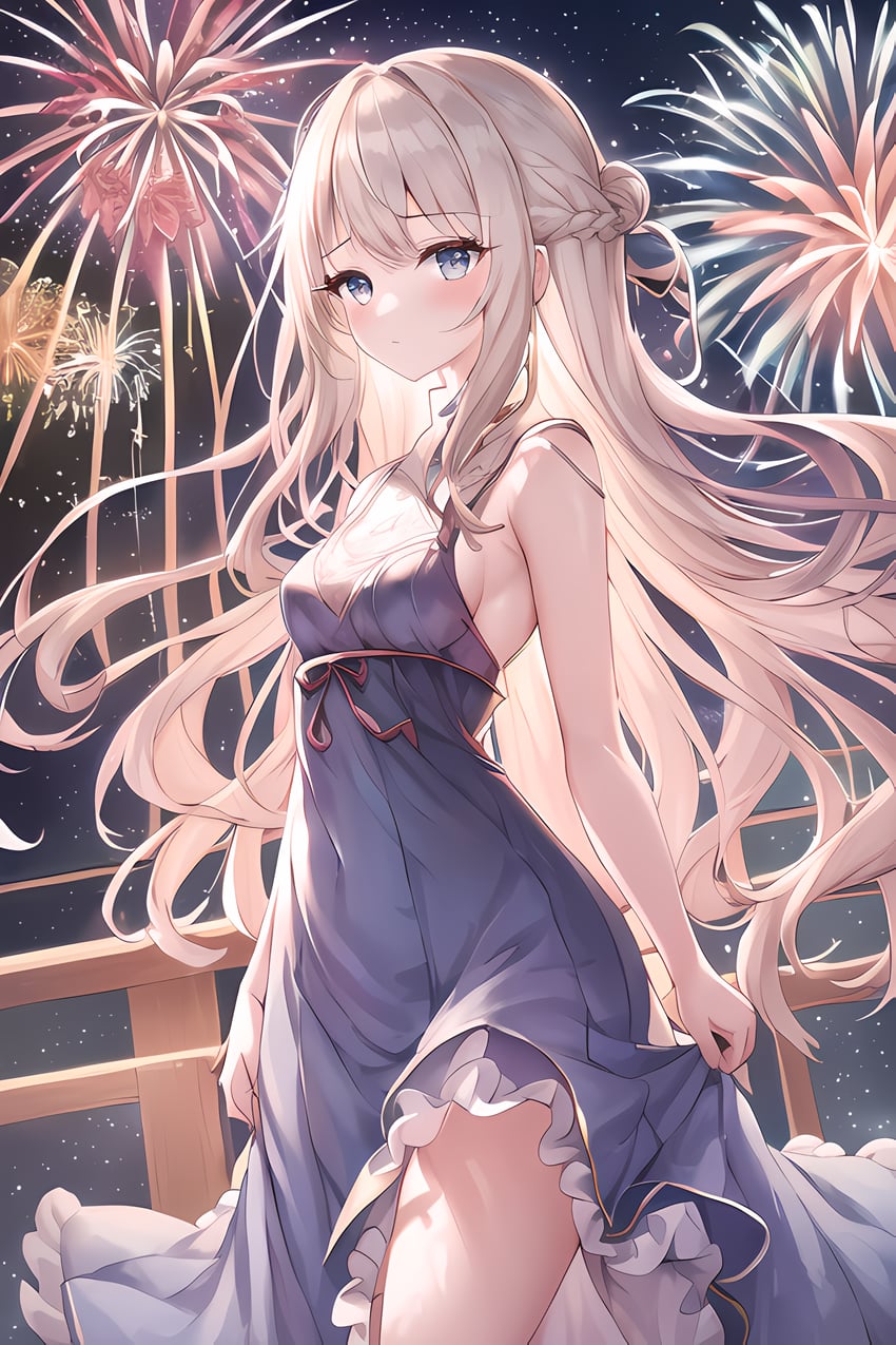 1girl, absurdres, aerial_fireworks, bangs, bare_arms, bare_shoulders, blue_eyes, blush