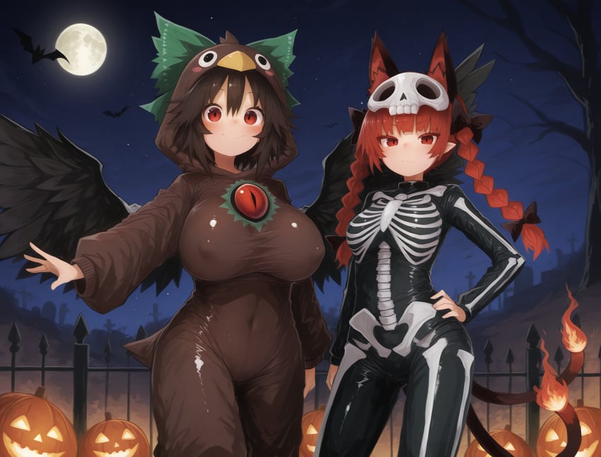2girls, adetailer, alternate_costume, animal_ears, animal_onesie, arm_at_side, bat_(animal), bird_costume