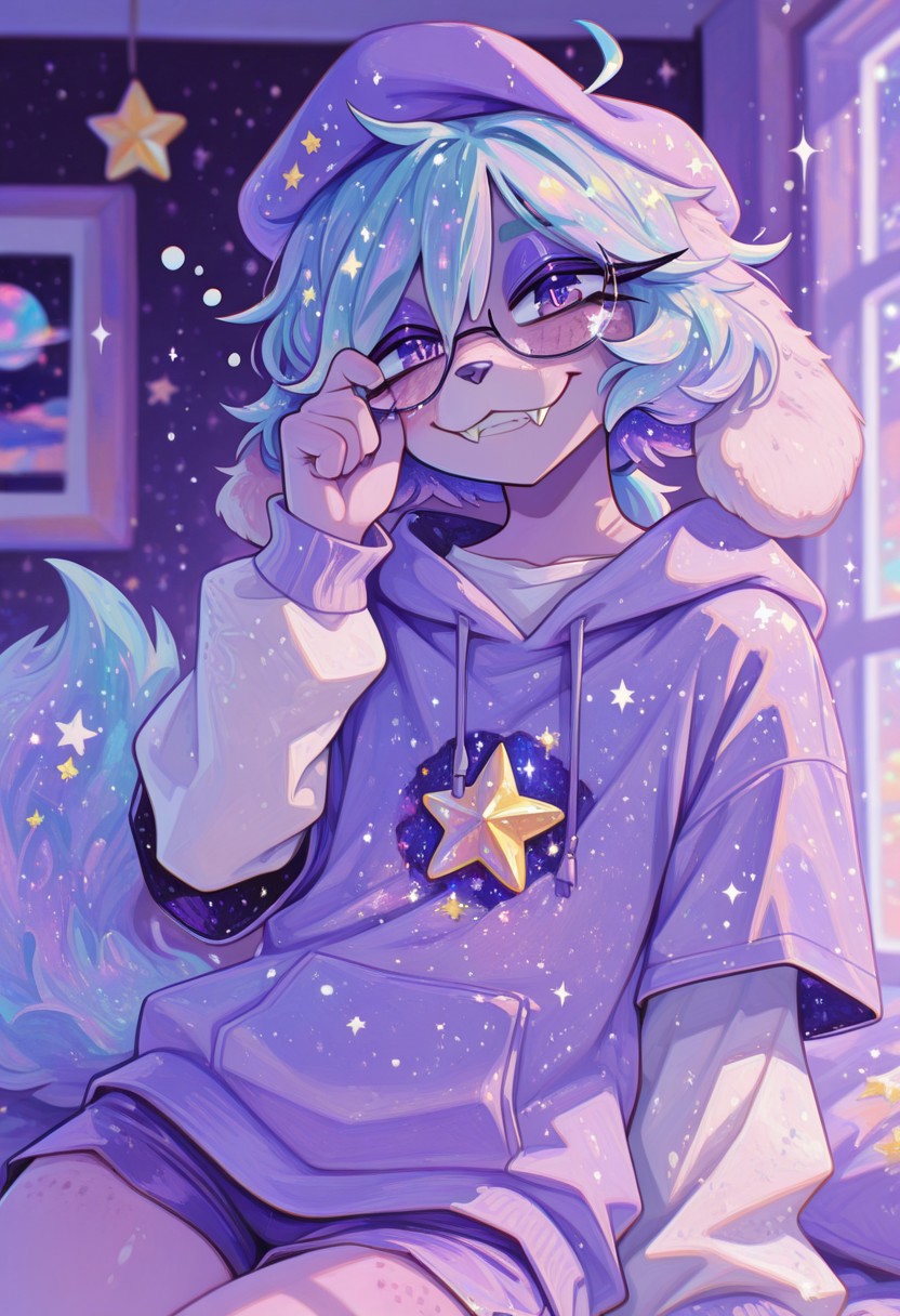 1boy, :3, adjusting_eyewear, ahoge, animal_ears, animal_nose, blue_fur, blue_hair