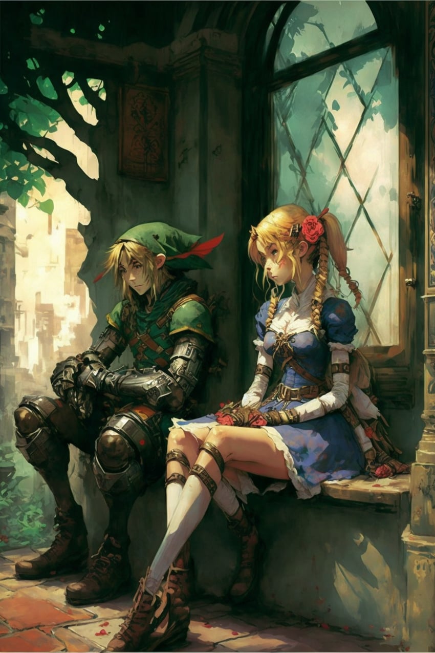 1boy, 1girl, armor, artist_request, blonde_hair, dress, extra_legs, full_body