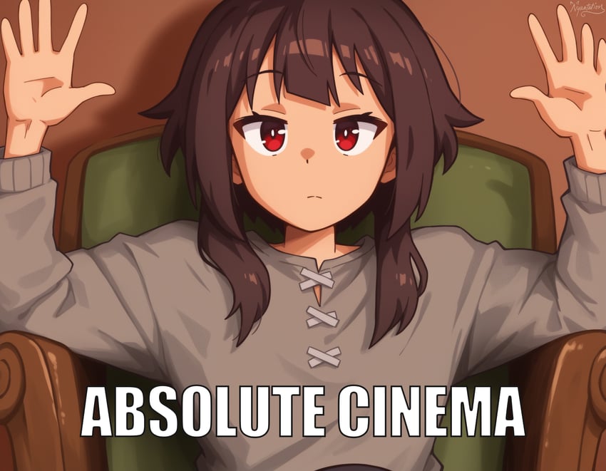 1girl, absolute_cinema_(meme), absurdres, brown_hair, closed_mouth, eyebrows_visible_through_hair, hands_up, highres, kono_subarashii_sekai_ni_shukufuku_wo!, long_sleeves, looking_at_viewer, megumin, meme, model_request, nyantacy, red_eyes, solo