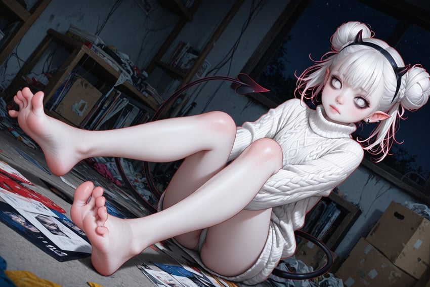 1girl, bags_under_eyes, bare_legs, barefoot, cassie_(dddevil), dango, dddevil, demon_girl