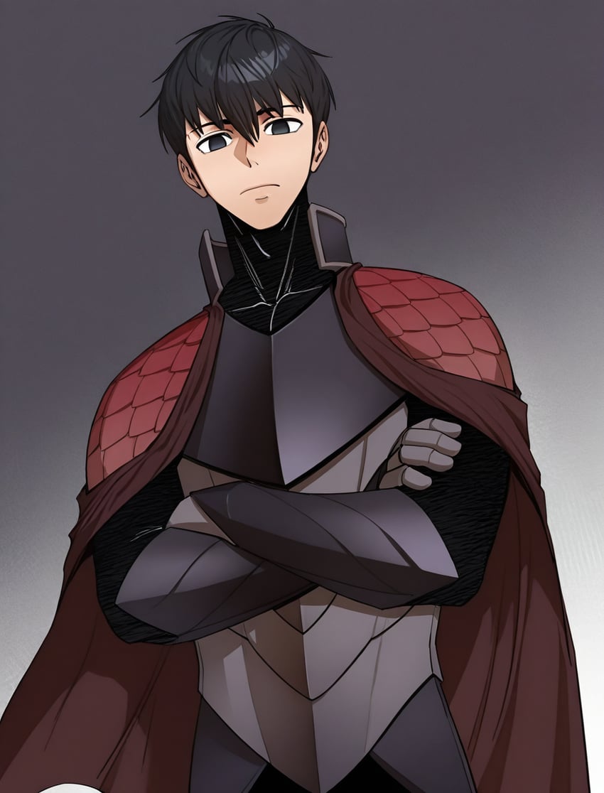 1boy, arm_armor, armor, bangs, black_armor, black_eyes, black_hair, black_pants