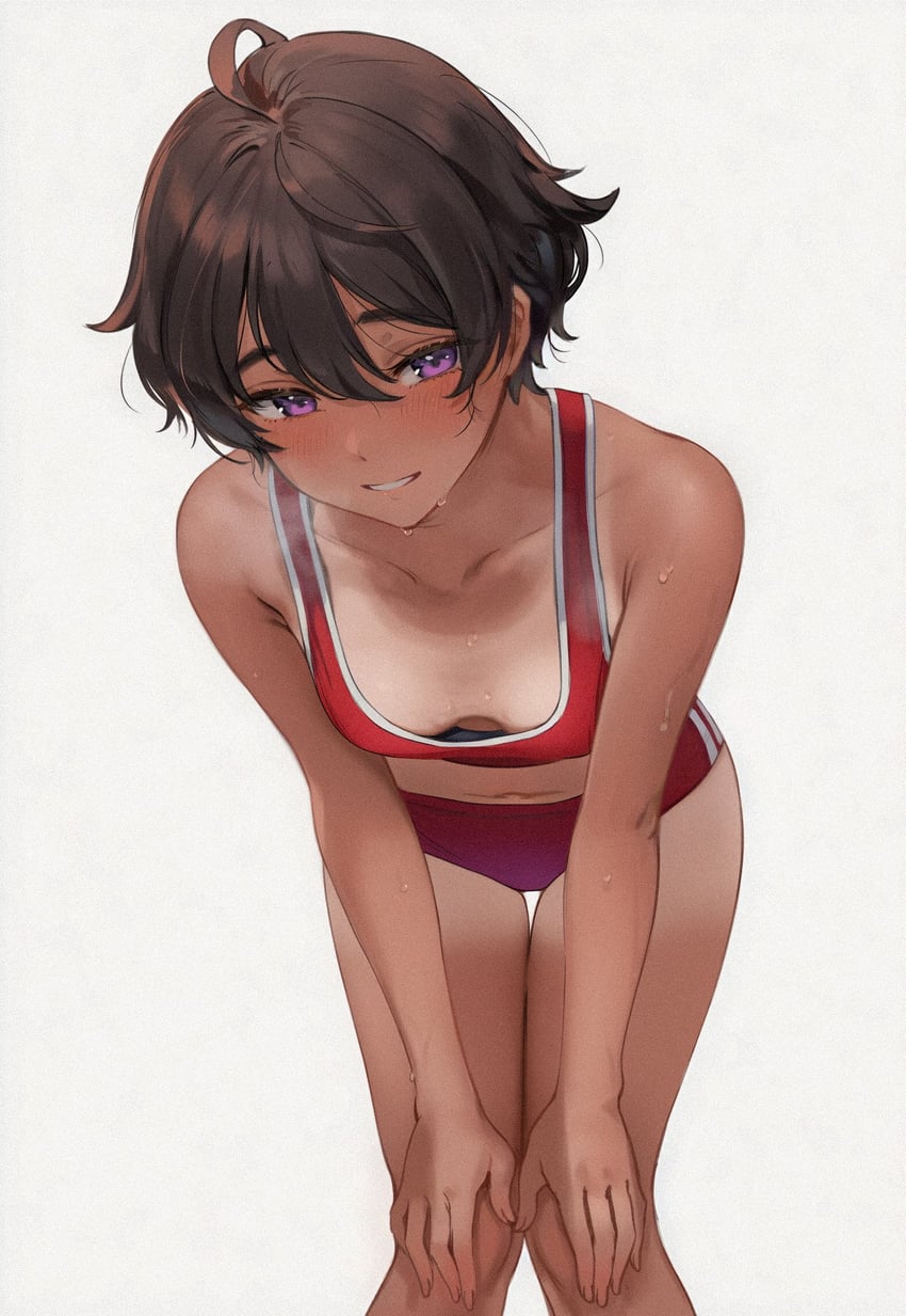 1girl, bent_over, blush, breasts, brown_hair, buruma, cass, collarbone